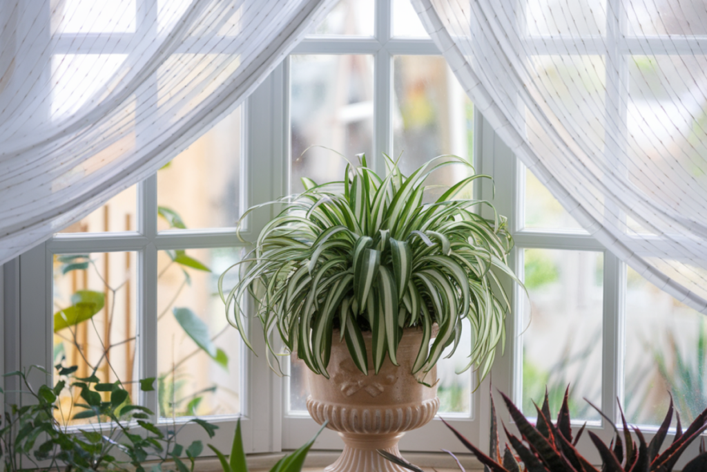 Chlorophytum Comosum ‘Reverse Variegatum’: A Chlorophytum Comosum ‘Reverse Variegatum’ spider plant placed by a window in a decorative pedestal pot. The plant’s white-centered leaves with green margins cascade beautifully under soft daylight, creating a lush indoor display.