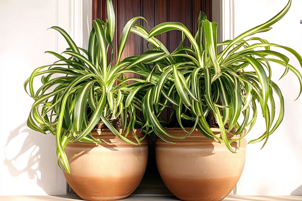 Two lush Chlorophytum Comosum ‘Bonnie’ spider plants in terracotta pots placed side by side at a window. Their white-centered, green-margined leaves create a striking contrast with the surroundings.