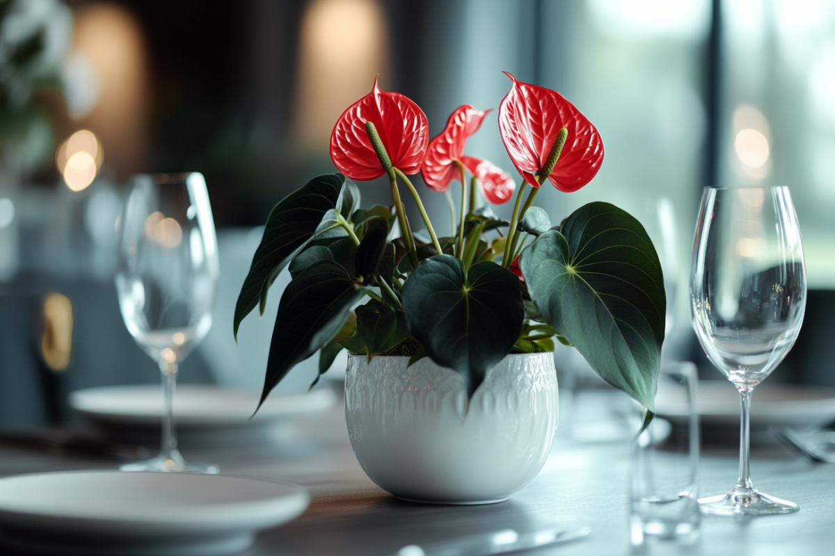 A sophisticated red anthurium centerpiece on a modern dining table, with soft lighting and blurred glasses in the background.