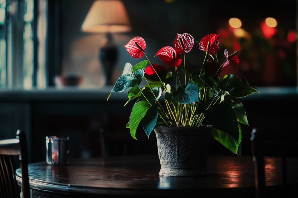 Red anthurium plant in a decorative pot on a wooden table in a warmly lit room with a cozy, intimate ambiance.
