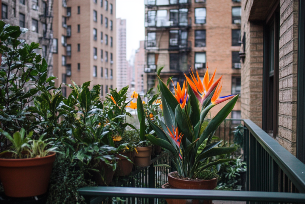 Birds of paradise plant and Dracaena Marginata, two kind of large indoor plants, in an apartment balcony in New York