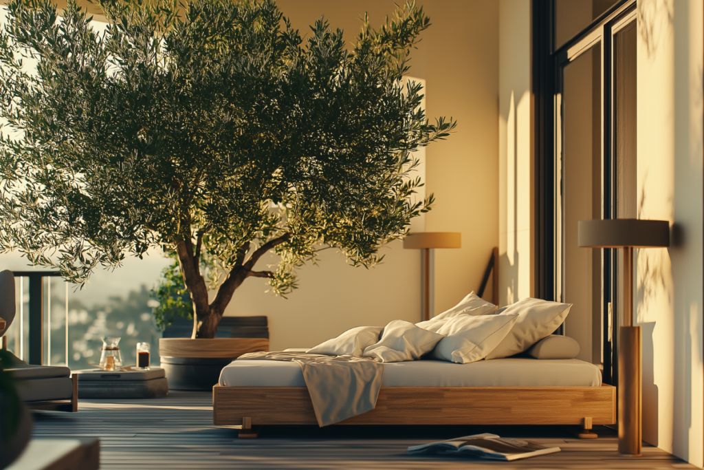 an olive tree, a kind of large indoor plants, in an apartment balcony, afternoon light