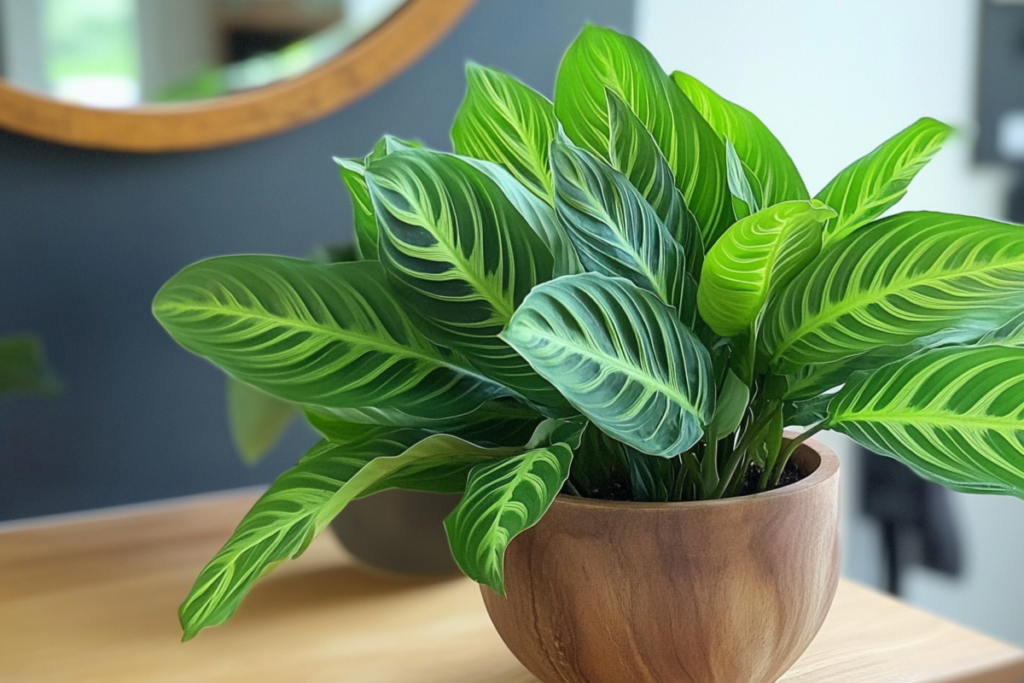 A lush Maranta leuconeura, commonly known as the prayer plant, with vibrant green leaves featuring striking patterns of light green veins, displayed in a stylish wooden pot on a modern indoor table. These are consider small indoor plants