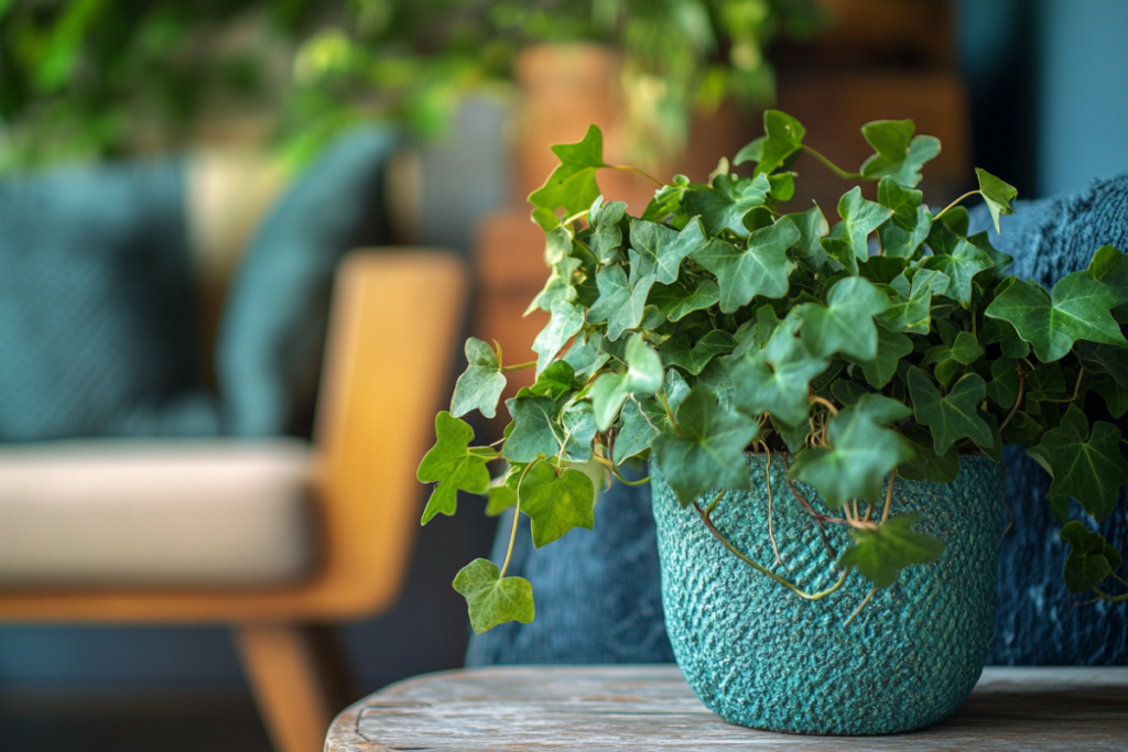 Lush green English Ivy (Hedera Helix), a kind of small indoor plants, cascading out of a textured blue pot, styled on a cozy indoor table.