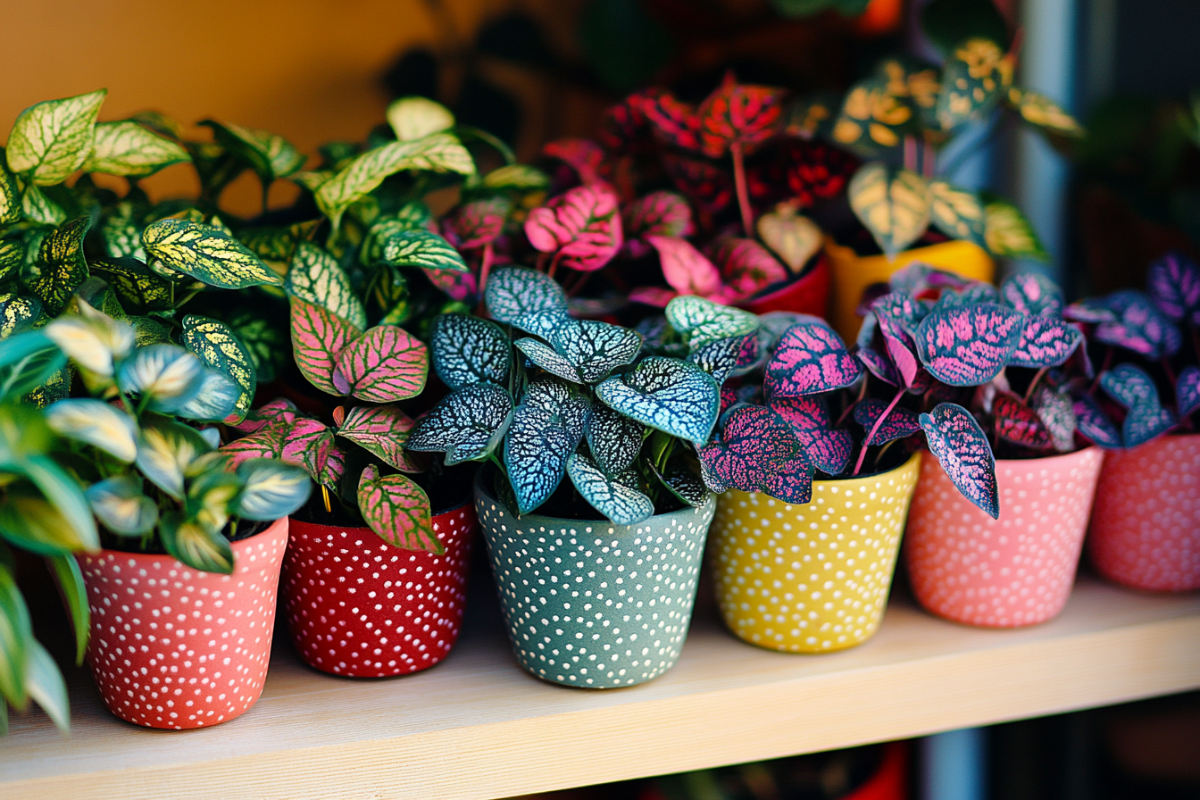 A shelf with bright background, with many colorful pots of different types of fittonia