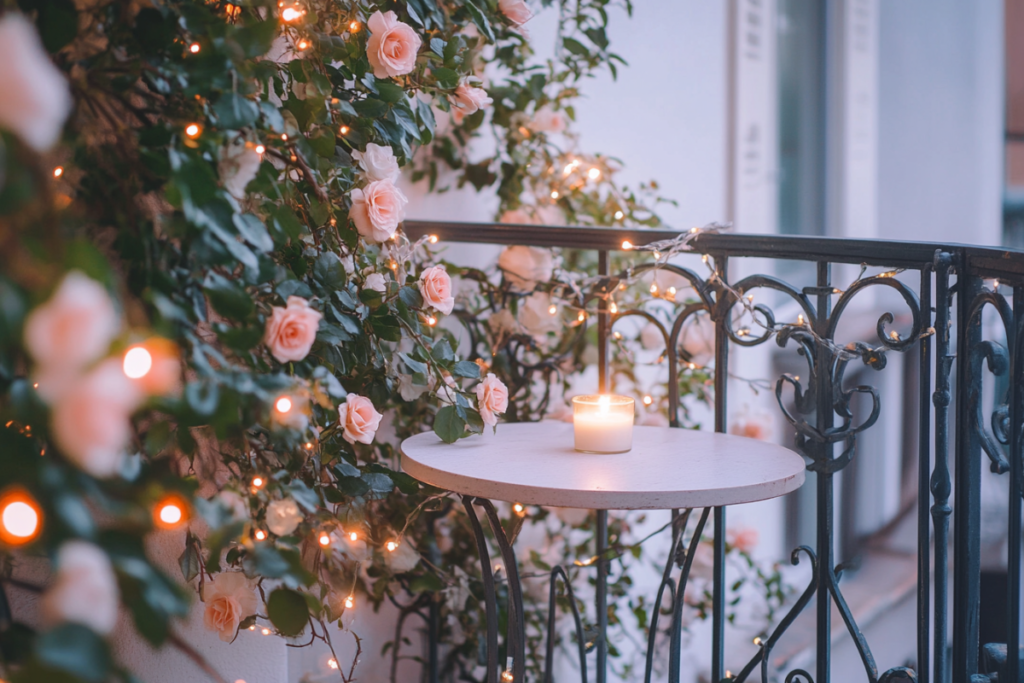 A romantic balcony garden with delicate roses, jasmine vines climbing along a wrought-iron railing, and glowing fairy lights draped overhead, a small round table with a candle, soft pastel colors.