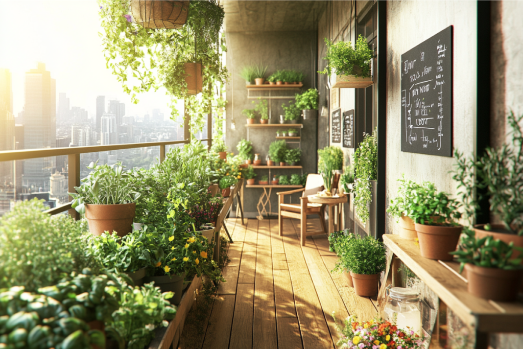 A compact herb balcony garden with rows of neatly arranged planters containing basil, mint, parsley, and rosemary, a chalkboard on wall, rustic wooden flooring
