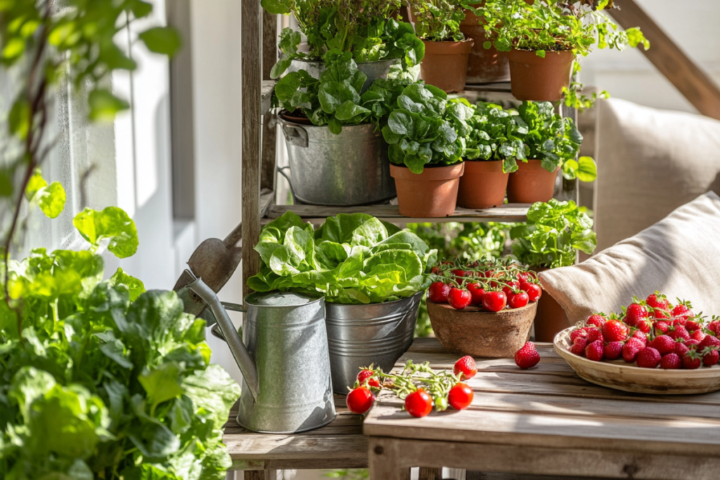 A productive edible balcony garden with vibrant cherry tomatoes, leafy lettuce, and strawberry plants growing in tiered planters, a watering can nearby, and a rustic wooden table with freshly harvested produce.