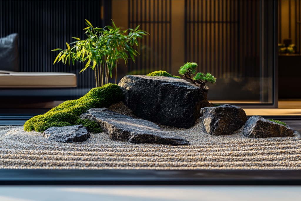 A peaceful zen-inspired balcony garden with a rock garden design, featuring moss-covered stones, bamboo plants, and a miniature bonsai tree, surrounded by sand arranged in raked patterns, soft ambient lighting
