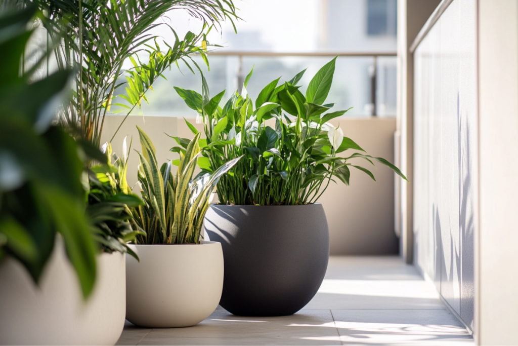 A minimalist balcony garden with a clean aesthetic, featuring large monochromatic pots with peace lilies, snake plants, and bamboo, sleek lines, and bright natural lighting.