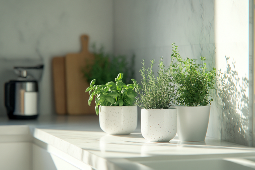 A collection of fresh herb plants, including basil, rosemary, and thyme, in white pots on a marble kitchen counter. Fresh herbs are considered the best plants for kitchen use due to their culinary benefits.