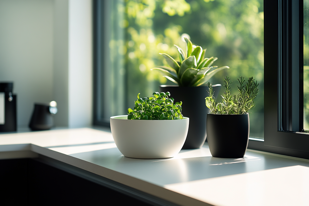 A sunny kitchen windowsill adorned with a variety of green plants, including herbs and a succulent, in elegant black and white pots. These are some of the best plants for kitchen windowsills.