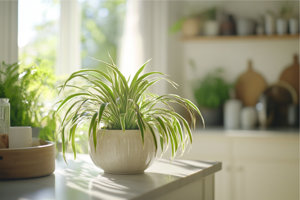 A vibrant spider plant with arching green and white-striped leaves in a white ceramic pot, sitting on a bright kitchen countertop. Spider plants are among the best plants for kitchen spaces.