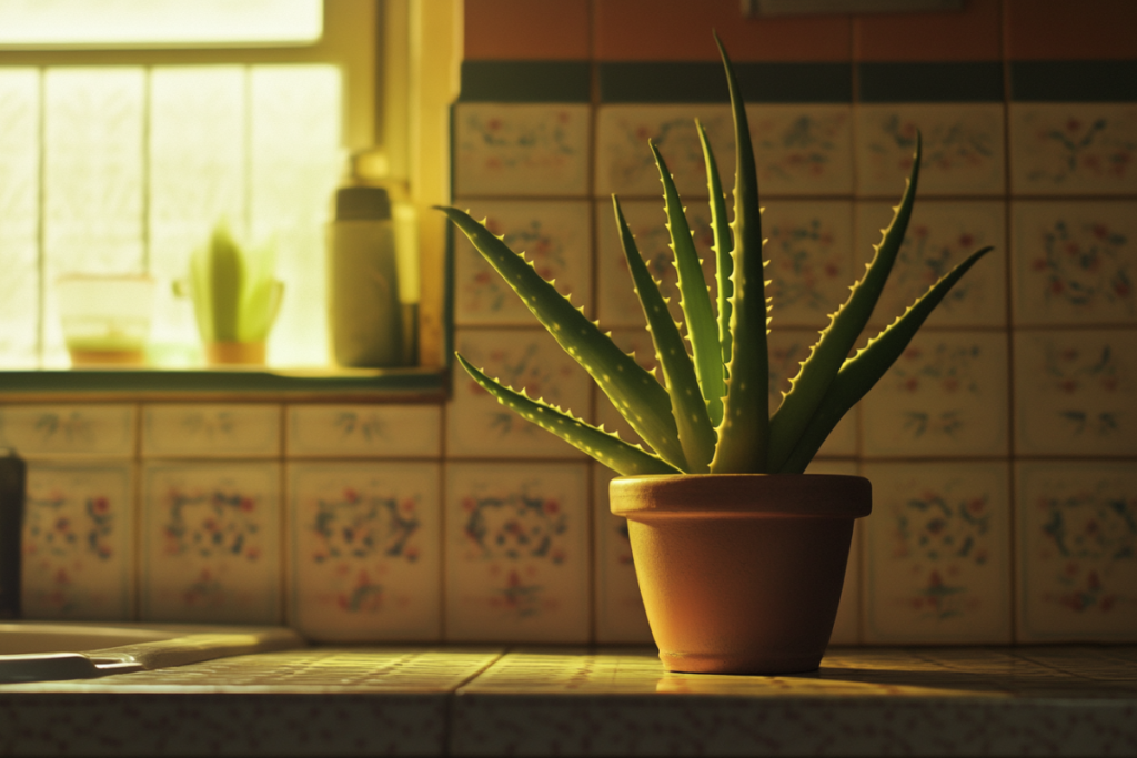 A healthy aloe vera plant in a terracotta pot placed on a tiled kitchen counter, bathed in warm sunlight. Aloe vera is one of the best plants for kitchen decor and functionality.