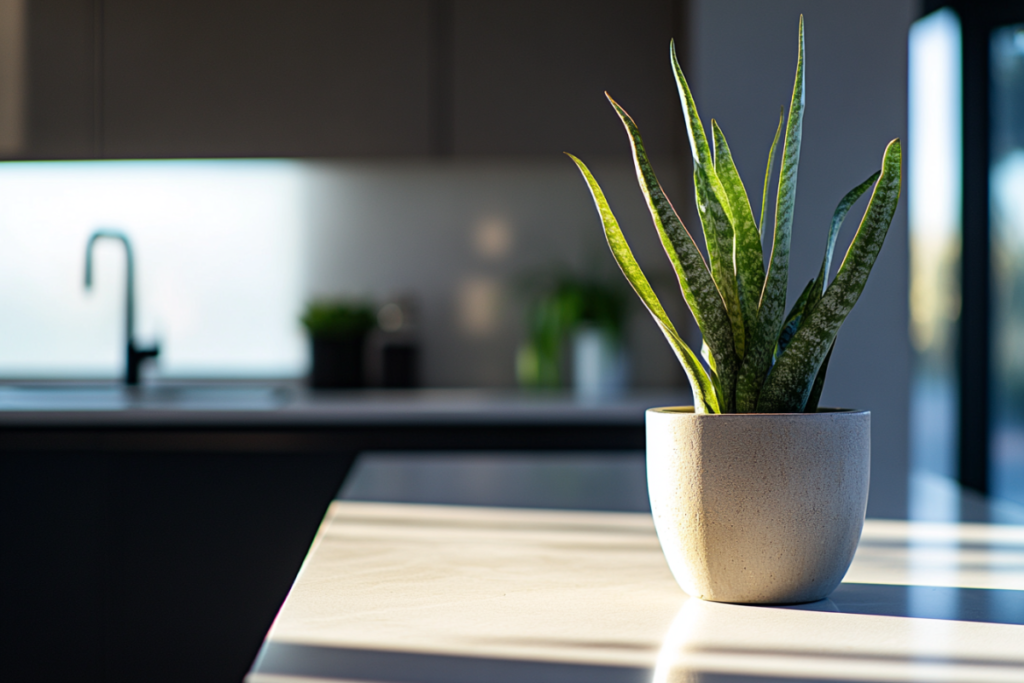 A minimalist kitchen featuring a snake plant with tall, upright leaves in a modern white pot. Snake plants are known as some of the best plants for kitchen settings, thriving with minimal care.