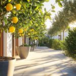 A row of vibrant lemon trees in large pots along a sunlit outdoor walkway, illustrating how to care for indoor lemon trees with proper sunlight and space for healthy growth.