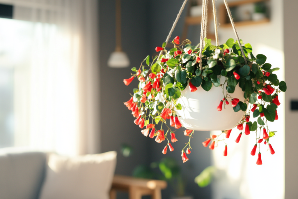 A vibrant lipstick plant cascading gracefully from a white hanging basket in a sunlit modern living room, adding life to the cozy interior decor.