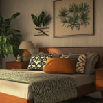 Mid-century modern bedroom with a Prayer Plant on a walnut nightstand, its striking patterned leaves adding elegance as one of the best plants for bedroom styling.
