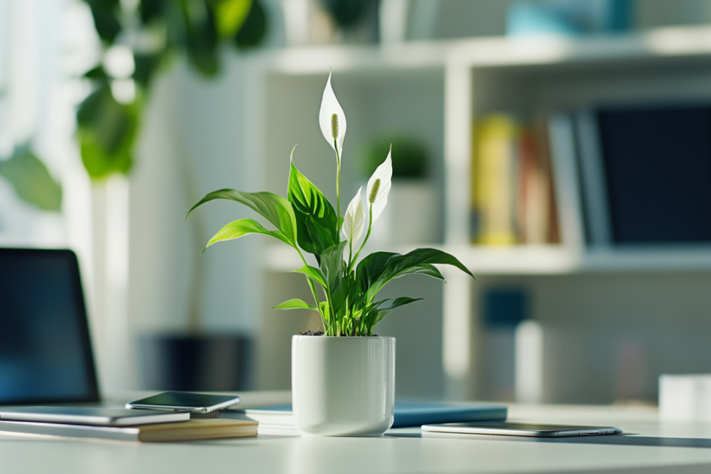 A peace lily with lush leaves and a blooming white flower positioned on an office desk, complemented by organized files and a smartphone nearby.