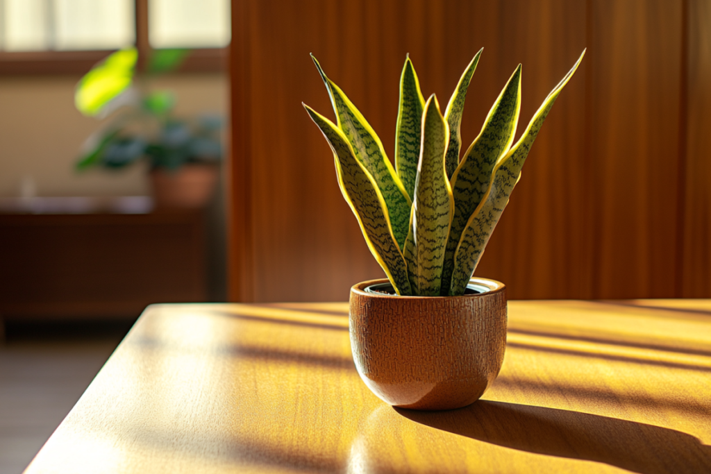 A vibrant snake plant in a textured brown pot placed on an office desk, bathed in warm natural light. Ideal as a desk plant for office spaces.