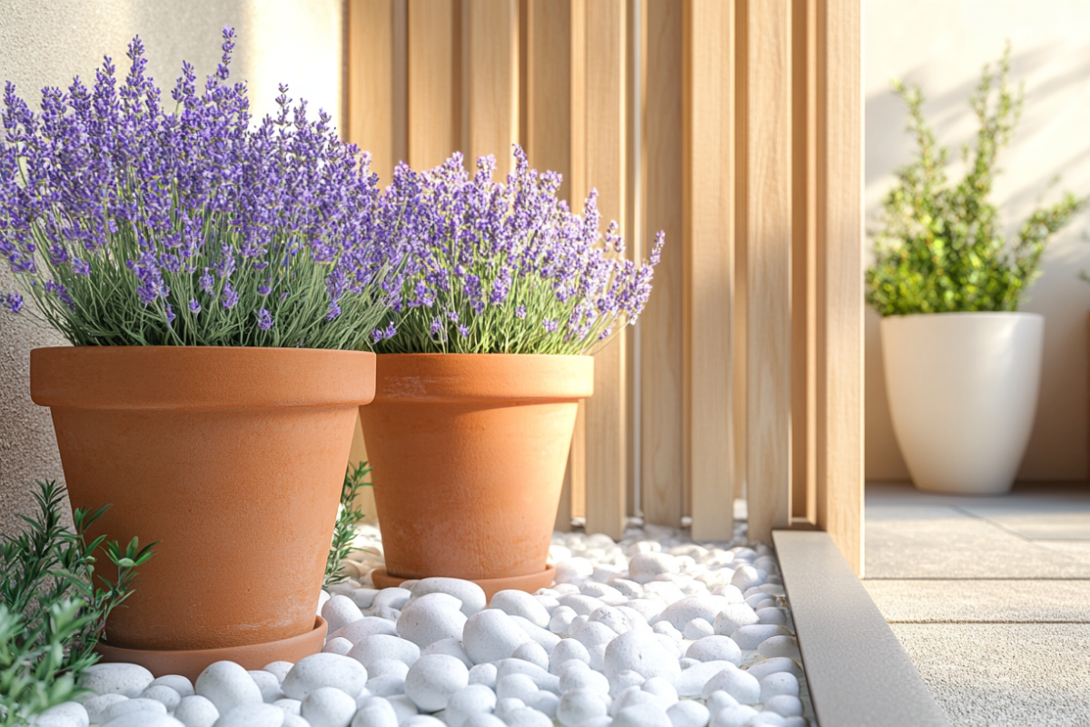 Two lavender plants thriving in terracotta pots on a modern patio with white pebbles, demonstrating how to grow lavender in a pot with proper drainage.