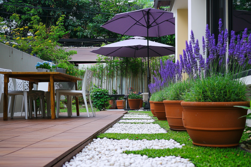 A line of potted lavender plants on a patio near an outdoor dining area, perfect for learning how to grow lavender in a pot to enhance garden aesthetics.