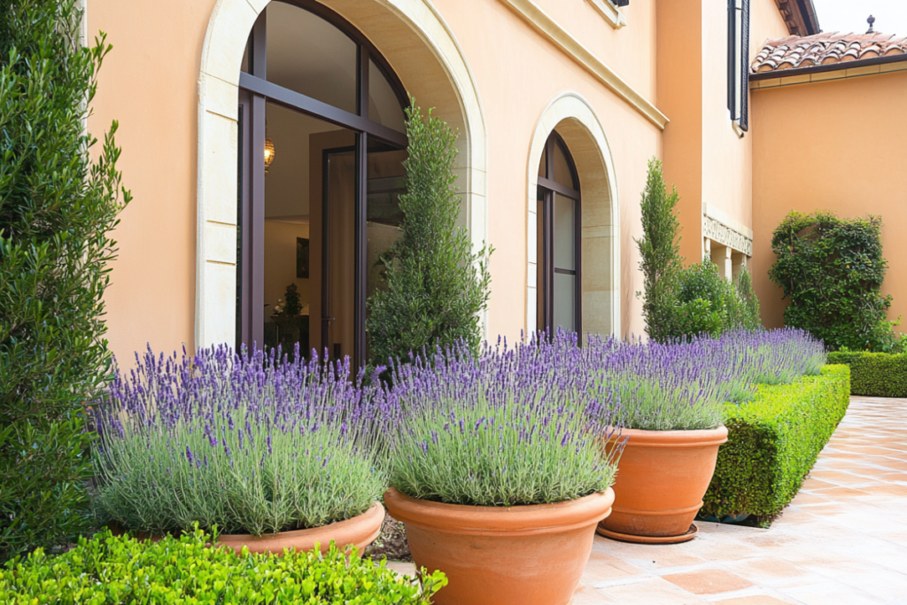 Several large terracotta pots filled with blooming lavender plants placed along a Mediterranean-style home exterior, illustrating how to grow lavender in a pot for ornamental purposes.