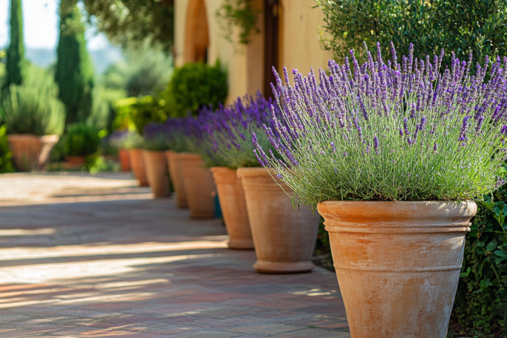 A row of terracotta pots with lush lavender plants growing along a sunny walkway, showcasing how to grow lavender in a pot with ideal sunlight and spacing.