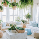 Bright and airy living room ideas with plants, highlighting hanging greenery in wicker baskets, potted plants on the floor, white sofas, and large sunlit windows.