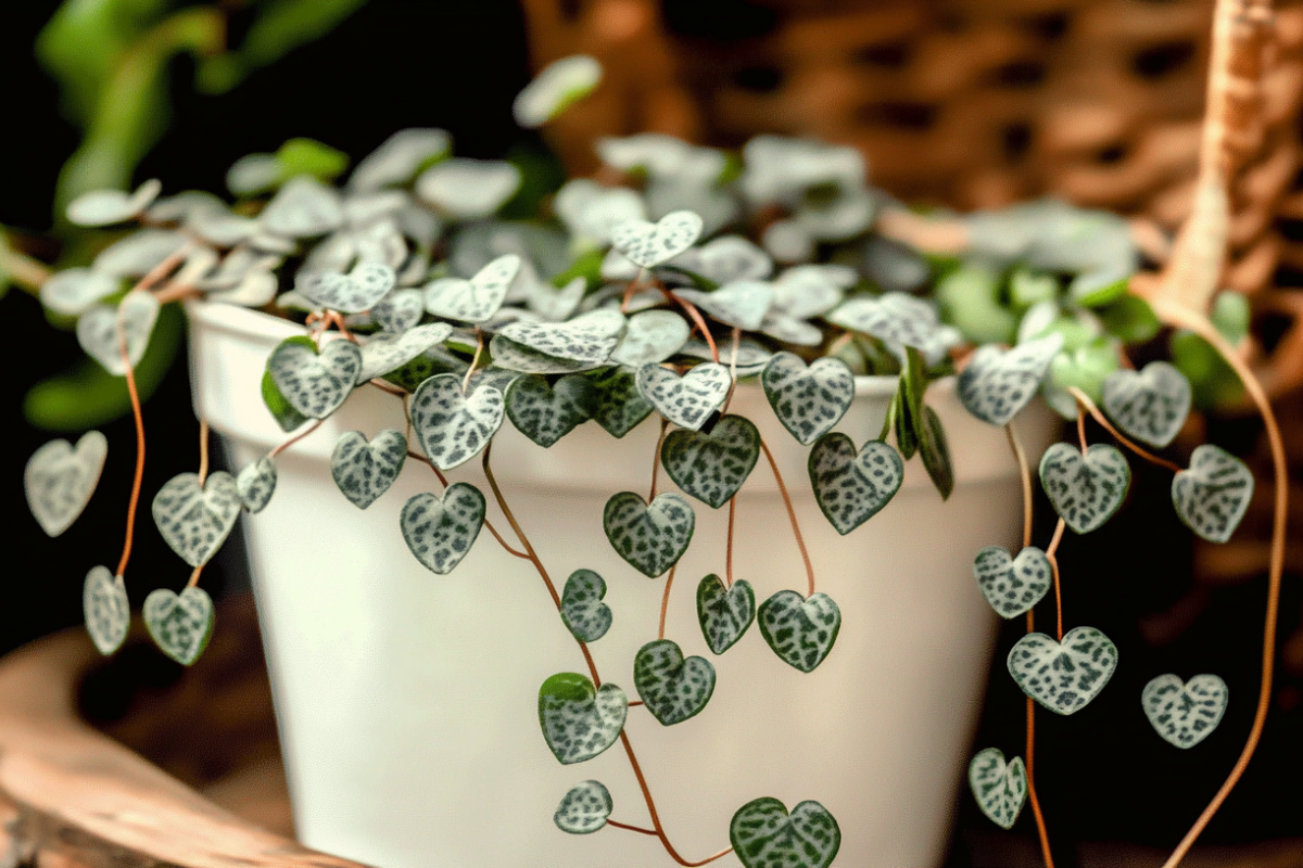 Close-up of a thriving string of hearts plant in a white pot, highlighting the intricate patterns on its heart-shaped leaves, a testament to proper string of hearts care.